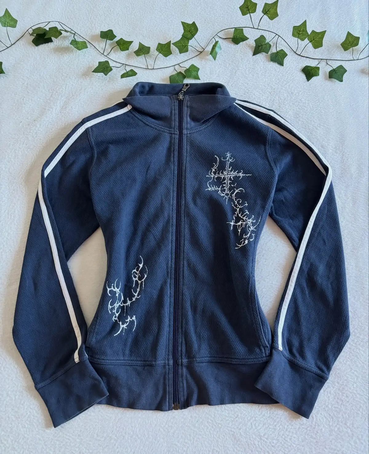 Y2K Striped Embroidered Jacket Harajuku Classic Retro Navy Blue Collared Zip Up Hoodie Goth Geometric Print Slim Fit Sweatshirt