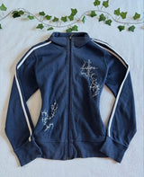 Y2K Striped Embroidered Jacket Harajuku Classic Retro Navy Blue Collared Zip Up Hoodie Goth Geometric Print Slim Fit Sweatshirt