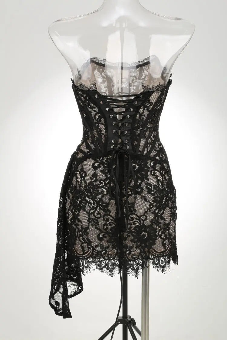 Strapless Lace Mini Dress – Elegant Sheer Patchwork Slim Fit Evening Dress