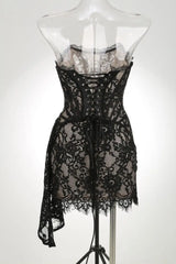 Strapless Lace Mini Dress – Elegant Sheer Patchwork Slim Fit Evening Dress