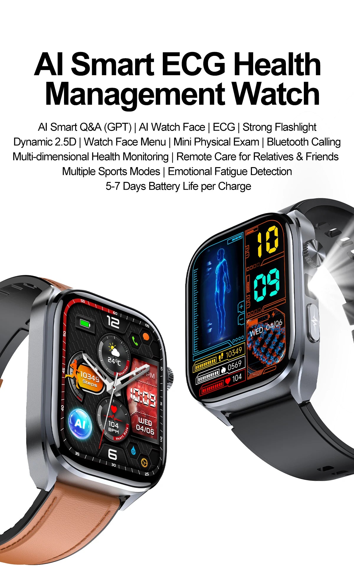 ECG+PPG Health Smartwatch – AI Body Analysis & BT Calling