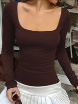 Autumn Slim-Fit Square Collar Long Sleeve T-Shirt | Women's Chic Casual Streetwear