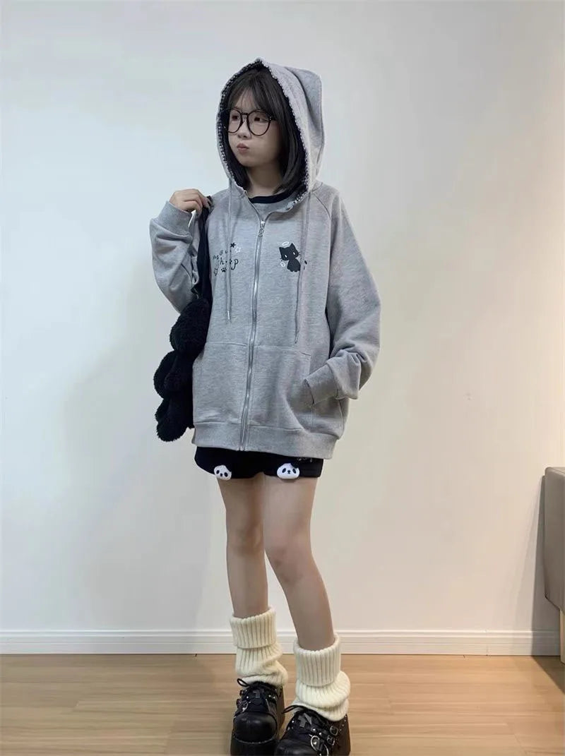 Women's Cute Cat Print Relaxed Zip-Up Hoodie