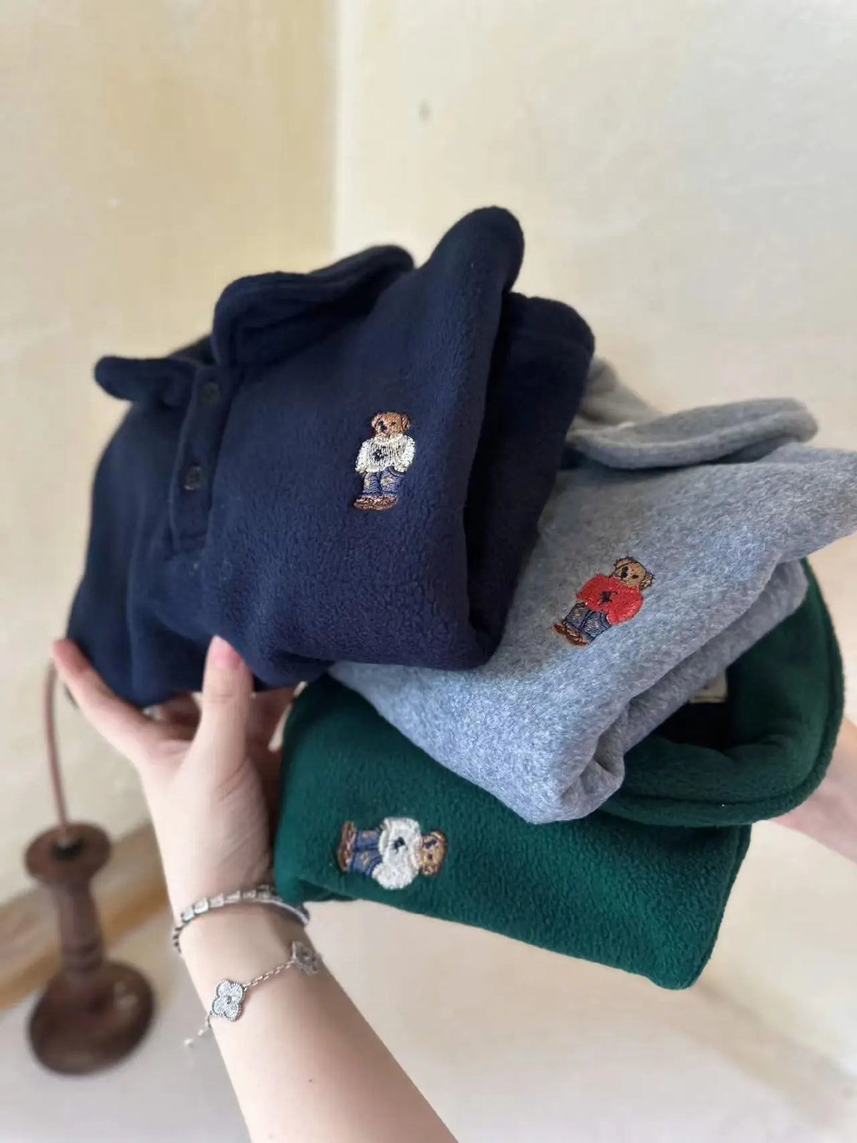 Kids' Bear Embroidered Fleece Polo Sweatshirt