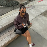 Vintage Wine Red Loose Short Leather Jacket Women Fashion Lapel Long Sleeves Zipper Cropped Coat 2025 Autumn Lady Street Outwear