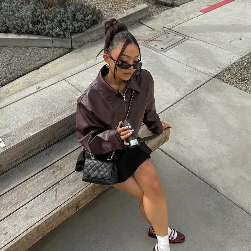 Vintage Wine Red Loose Short Leather Jacket Women Fashion Lapel Long Sleeves Zipper Cropped Coat 2025 Autumn Lady Street Outwear