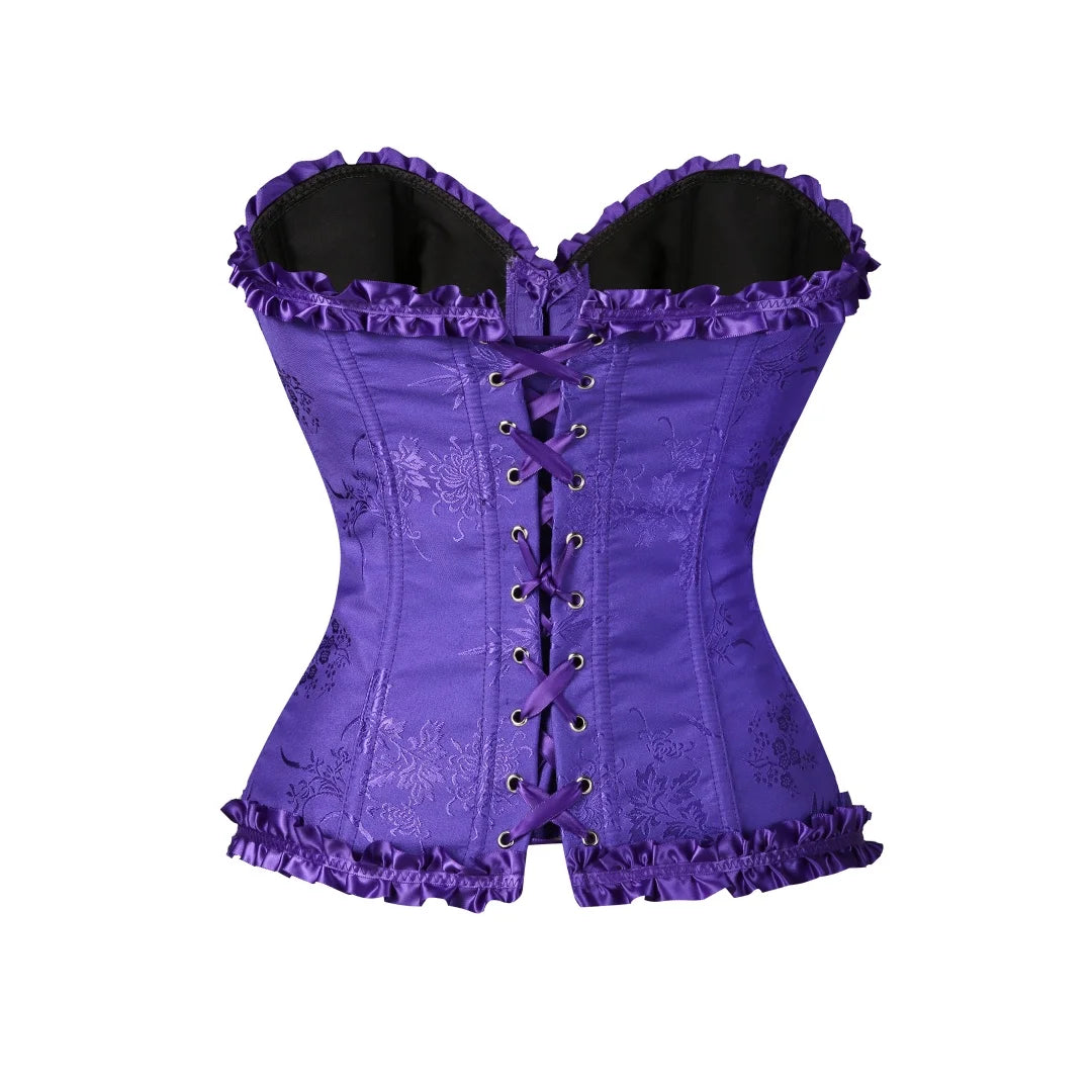 USA-Made Jacquard Ruffled Overbust Corset – Gothic Victorian Push-Up Bustier
