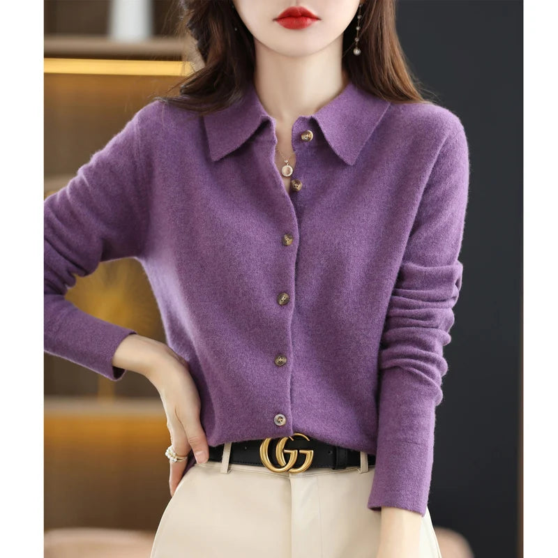 Polo Collar Spun Wool Cardigan – Elegant Single-Breasted Knit Jacket