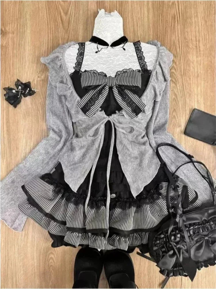 Japanese Sweet Lolita 2 Piece Sets Women Retro Off Shoulder Bow Blouse Tops Plaid Cake Mini Skirt Girls Kawaii Y2k Slim Outfits