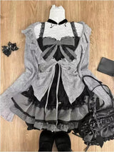 Japanese Sweet Lolita 2 Piece Sets Women Retro Off Shoulder Bow Blouse Tops Plaid Cake Mini Skirt Girls Kawaii Y2k Slim Outfits