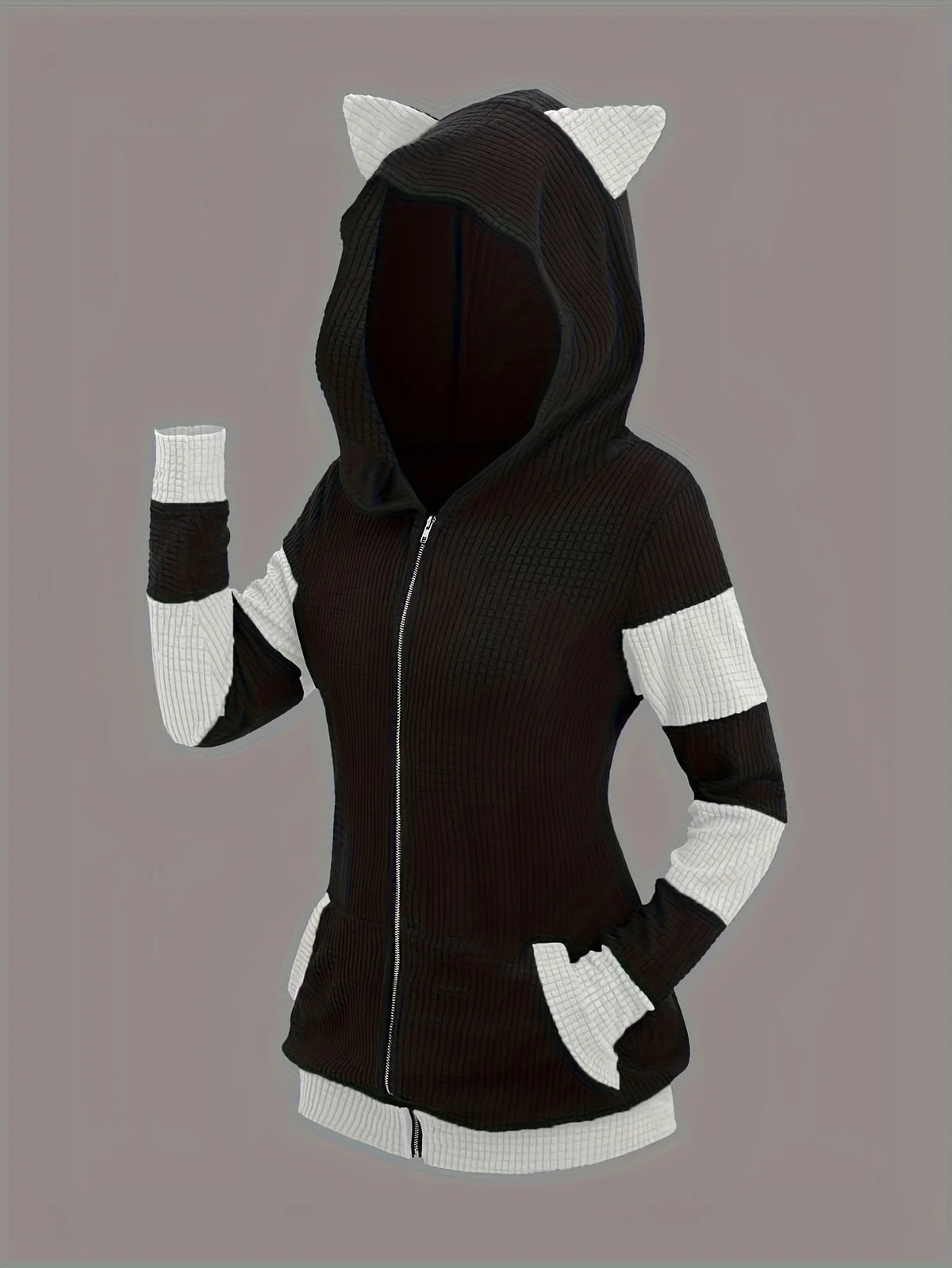 Women's Cat Ear Colorblock Zip-Up Hoodie