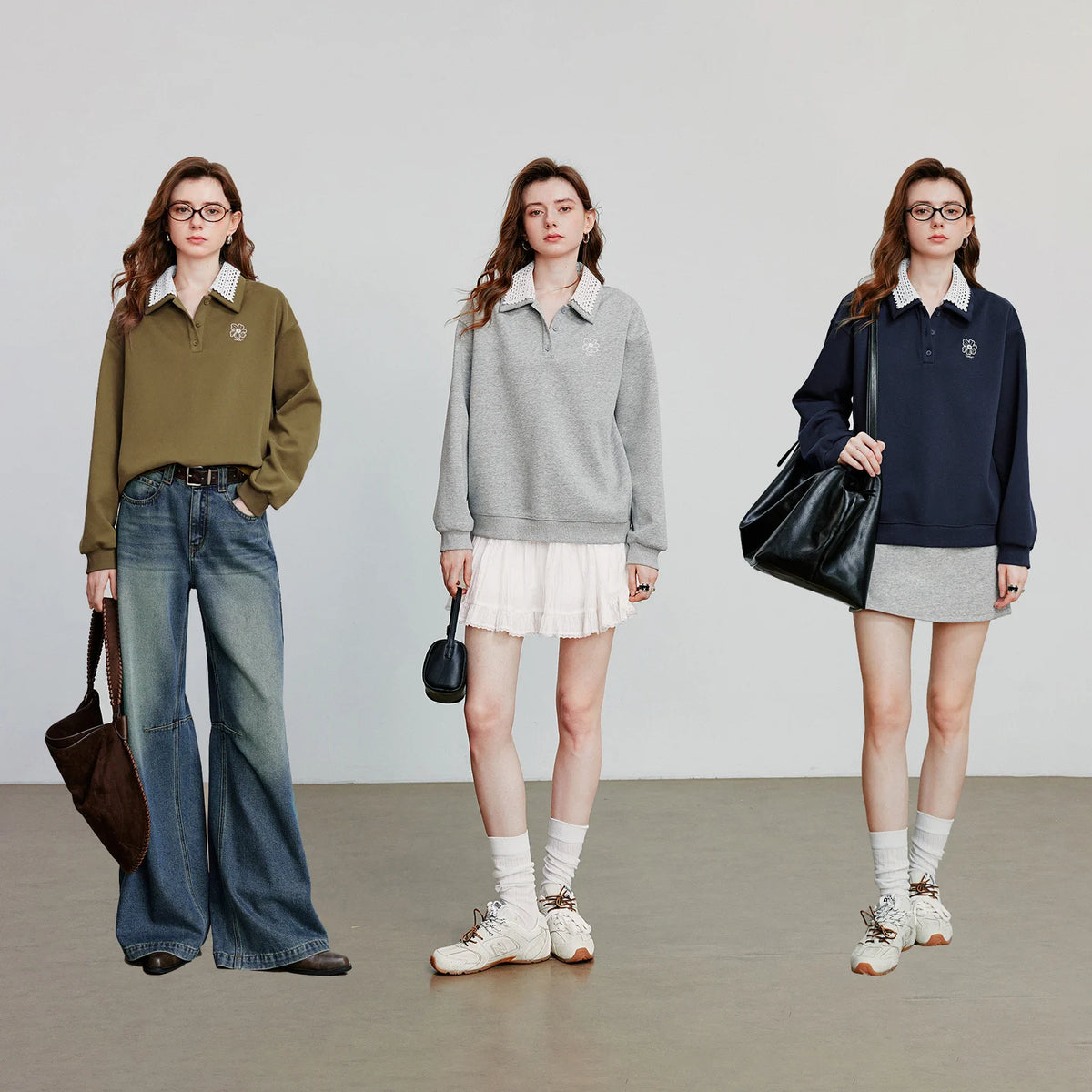 Women’s Green Colorblock Collared Sweatshirt