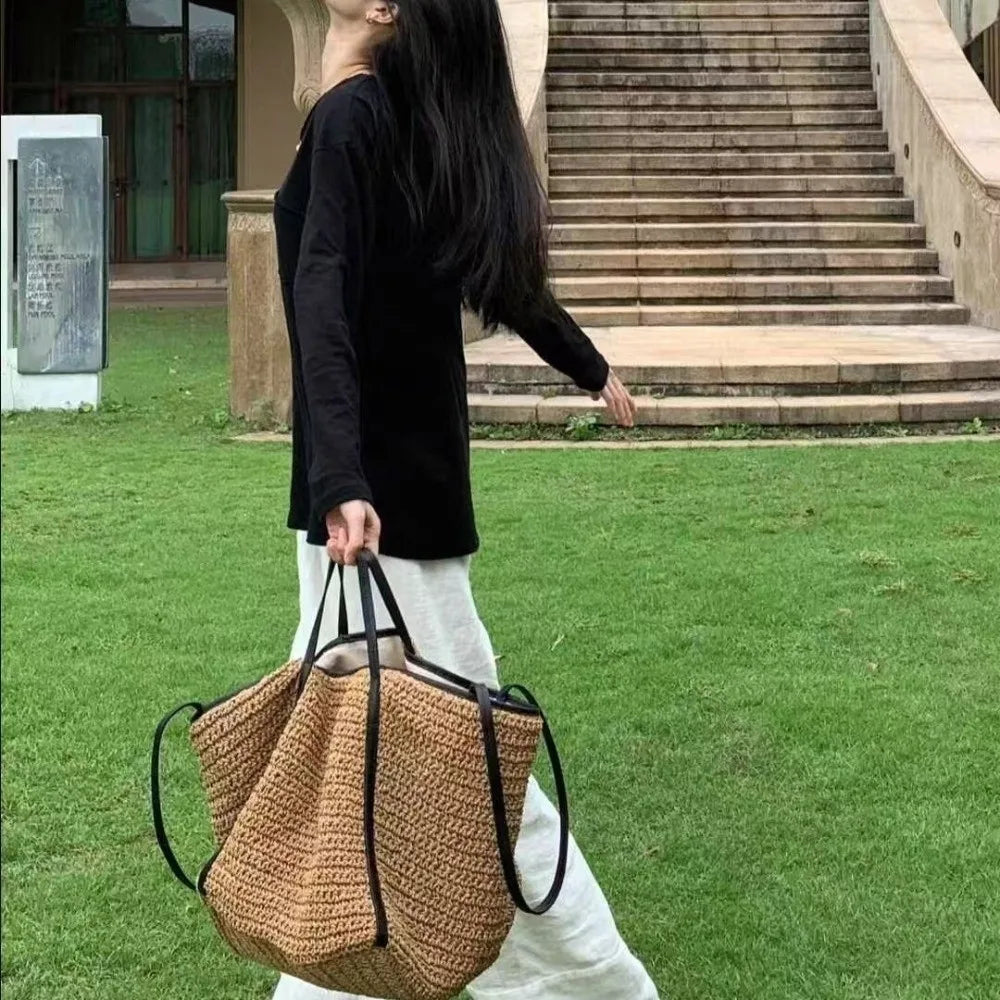 Fashion Vintage Straw Baskets Bag Straw Handmade Woven Beach Bag Korean Style Large Capacity Tote Bag Women Accessory
