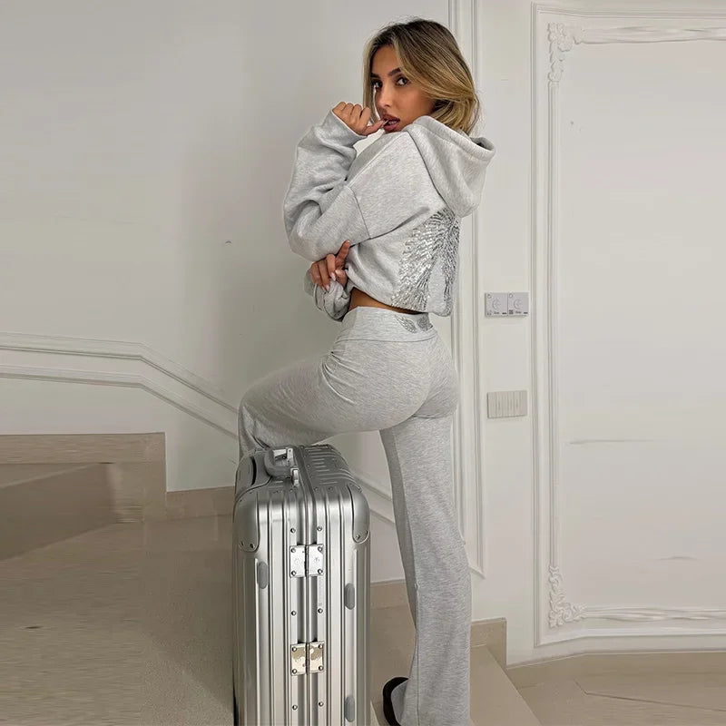 Casual Sequin Wings Hooded Sweatshirt Pant Set Women Solid Loose Full Sleeve Pullover Suit 2026 Spring Autumn Lady Daily Outfit