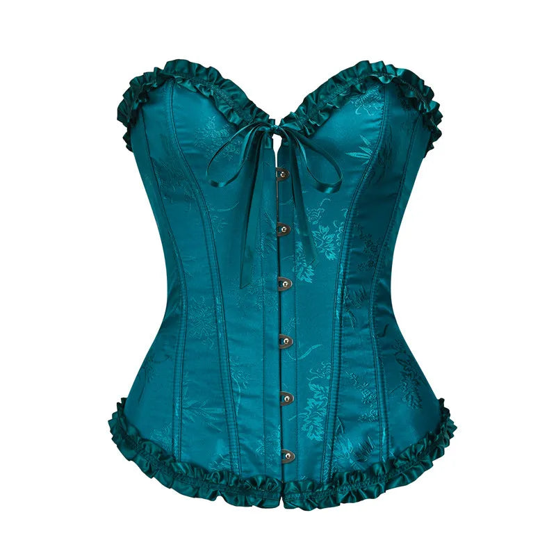 USA-Made Jacquard Ruffled Overbust Corset – Gothic Victorian Push-Up Bustier