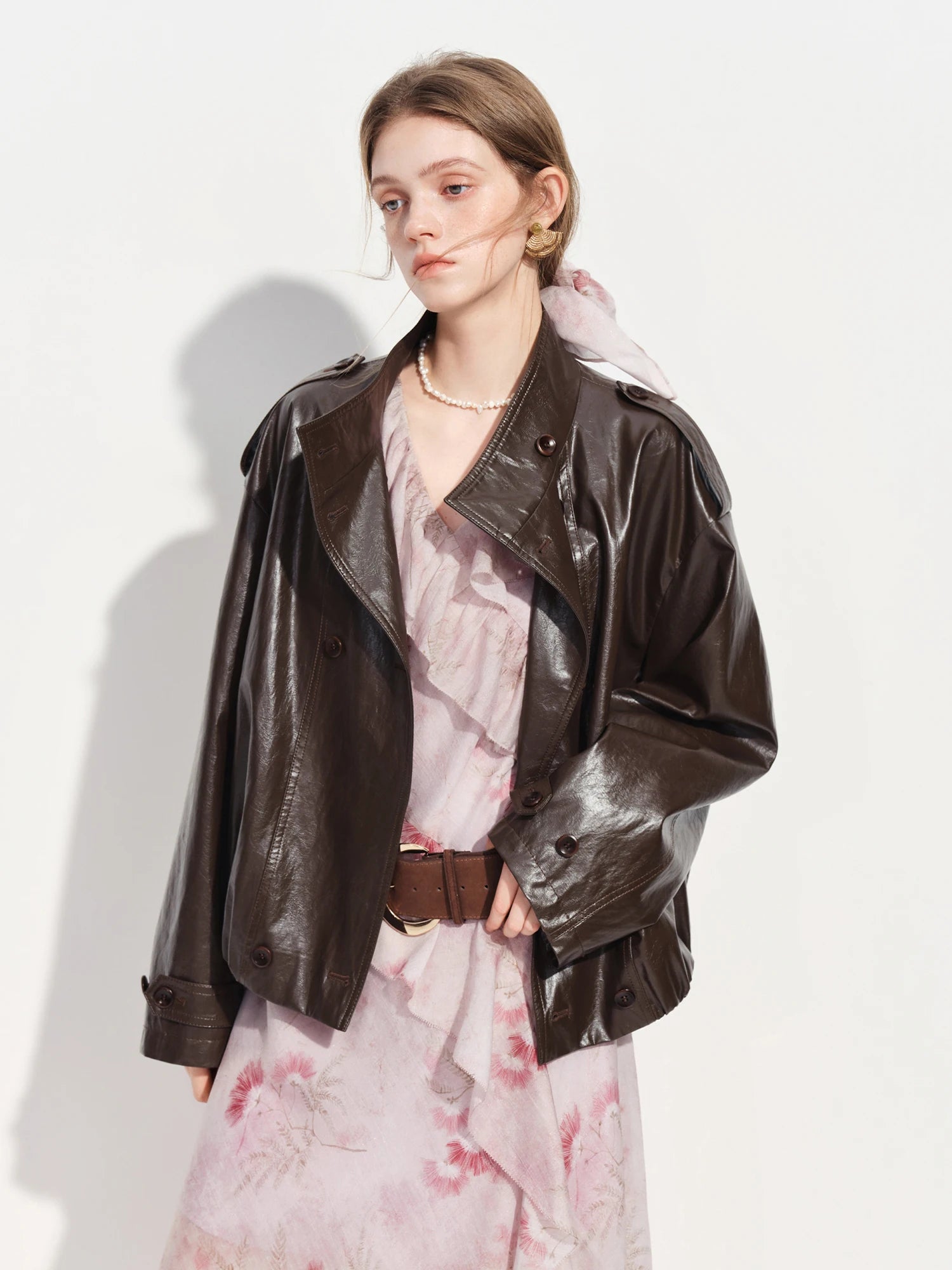 FSLE【Premium Series】Women's Oversize Short Trench Coat Brown Faux Leather Belted Jacket Grey Windbreaker Y2K Retro Outerwear