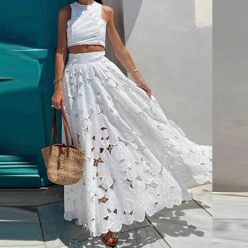 Elegant Boho Lace Embroidery 2-Piece Set | Sleeveless Crop Top & Maxi Skirt