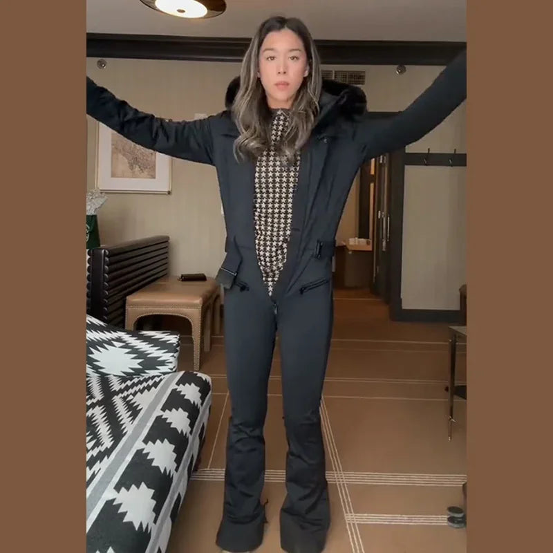 Elegant Faux Fur Hooded Women's Ski Jumpsuit