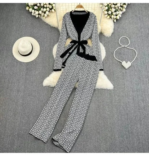 3-Piece Women’s Knitted Set: V-Neck Belted Cardigan & High-Waist Wide-Leg Pants