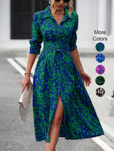 Elegant Print Belted Midi Dress