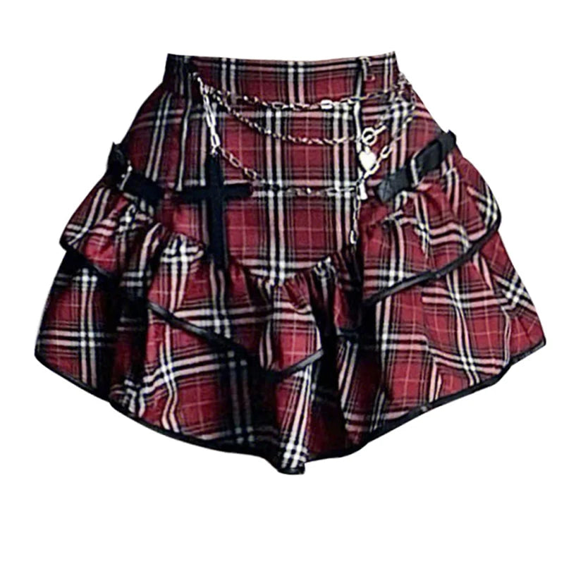 Red Plaid Gothic High-Waist Mini Skirt | Alt Fairycore Y2K