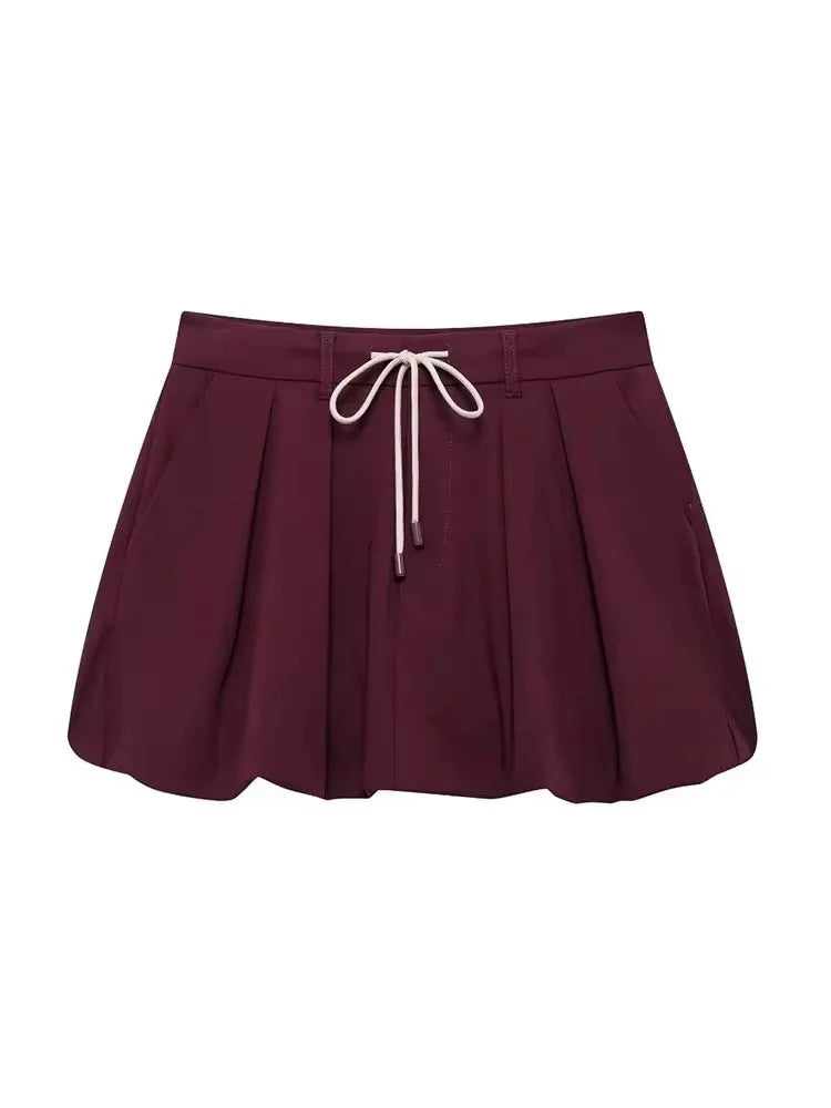 Casual Women 2 Pieces Sets Waist Lace Up Lantern Edition Mini Skirt Sets Solid Pocket Decorative Jacket Top Women's Set