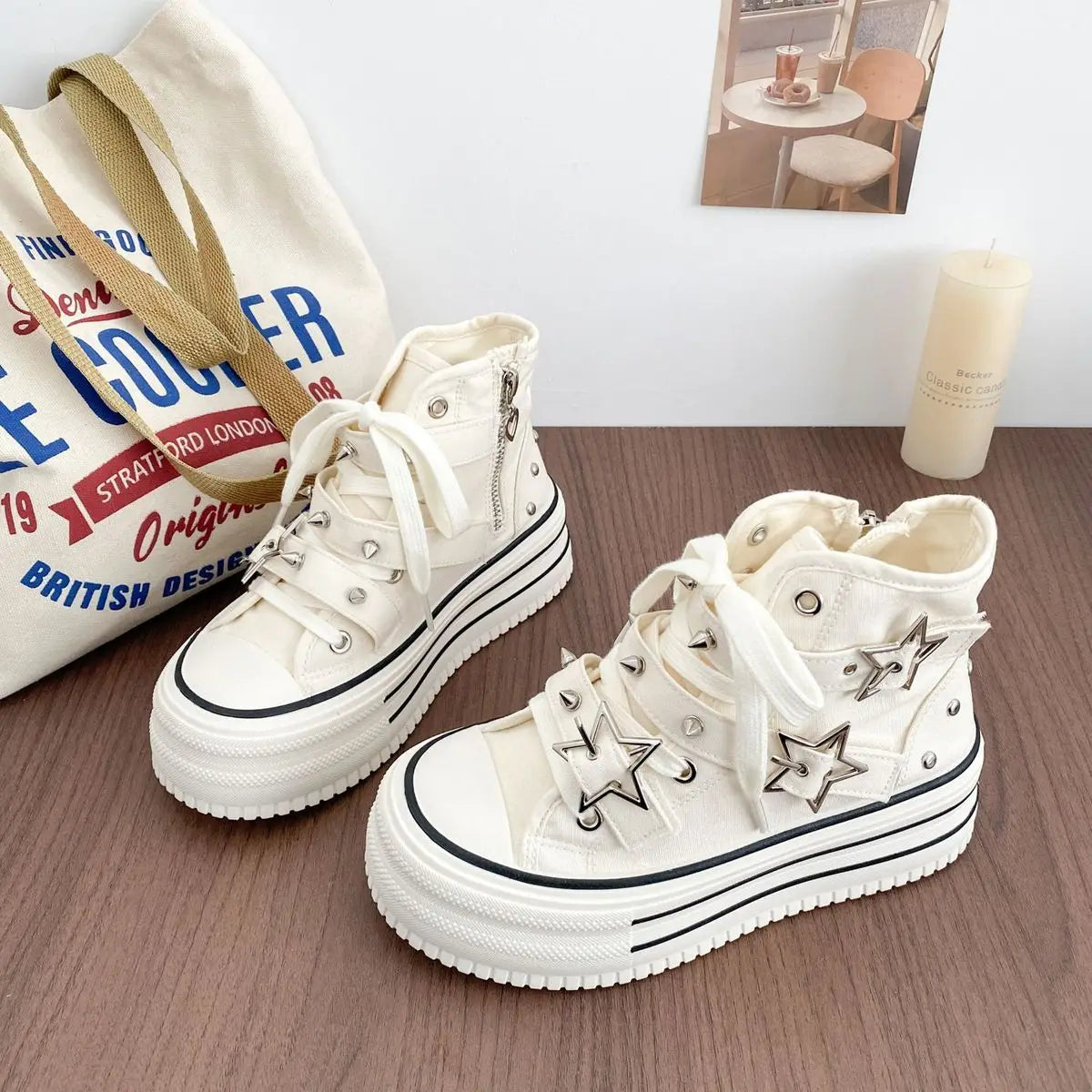 Women's High-Top Canvas Platform Sneakers — Rivet Buckle Lace-Up