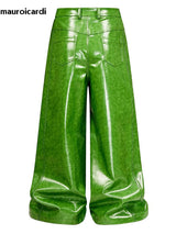Olive Green PU Leather Wide Leg Pants — Men's Y2K Streetwear Trousers