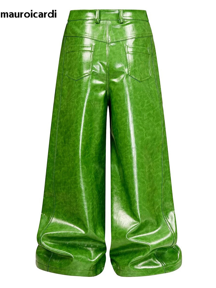 Olive Green PU Leather Wide Leg Pants — Men's Y2K Streetwear Trousers
