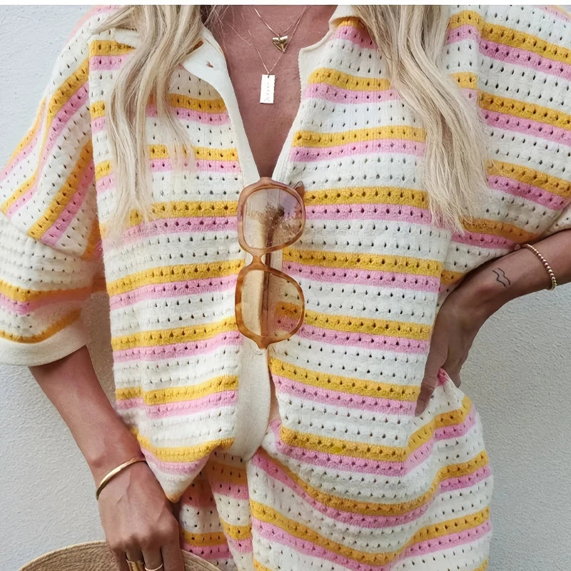 2025 Summer Women'S Hollow Striped Knitted 2 Pieces Set Short Sleeve Flip Collar Cardigan Single Breasted Casual Shorts Suits