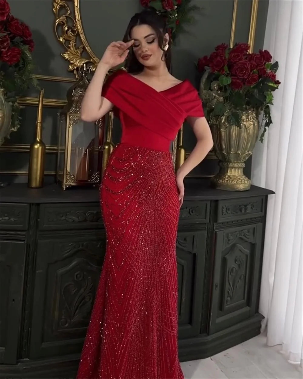 Contessa Dubai customized Red Mermaid Prom Dresses Beaded Off the Shoulde vestidos de noche Floor-Length Formal Evening 2025