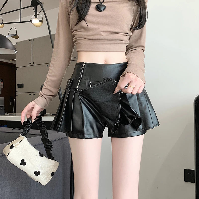 Women's Black Gothic Pleated Faux Leather Mini Skirt