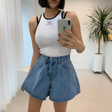 High-Waist Washed Denim Wide-Leg Shorts -Made Casual Blue Jean Shorts