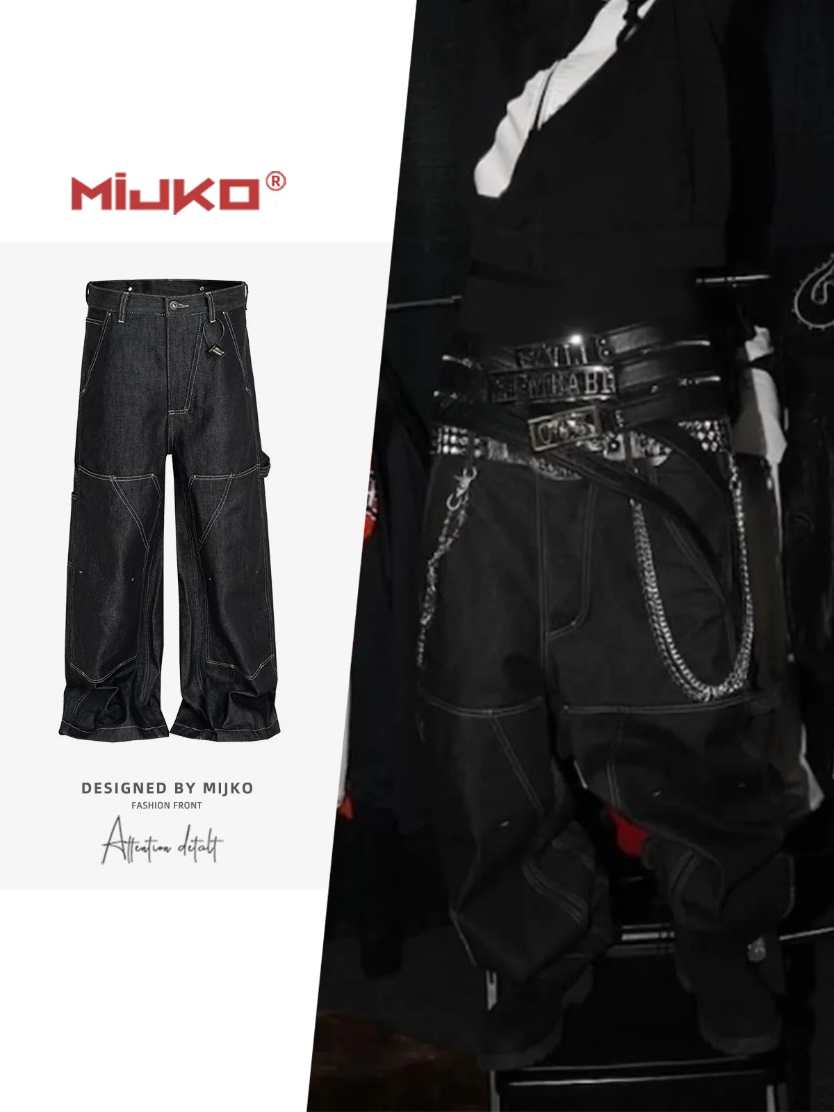 MIJKO Black Original Cow Jeans Wood Trousers Bright Line Design Comfortable Fit Workwear Casual Pants ZJ118