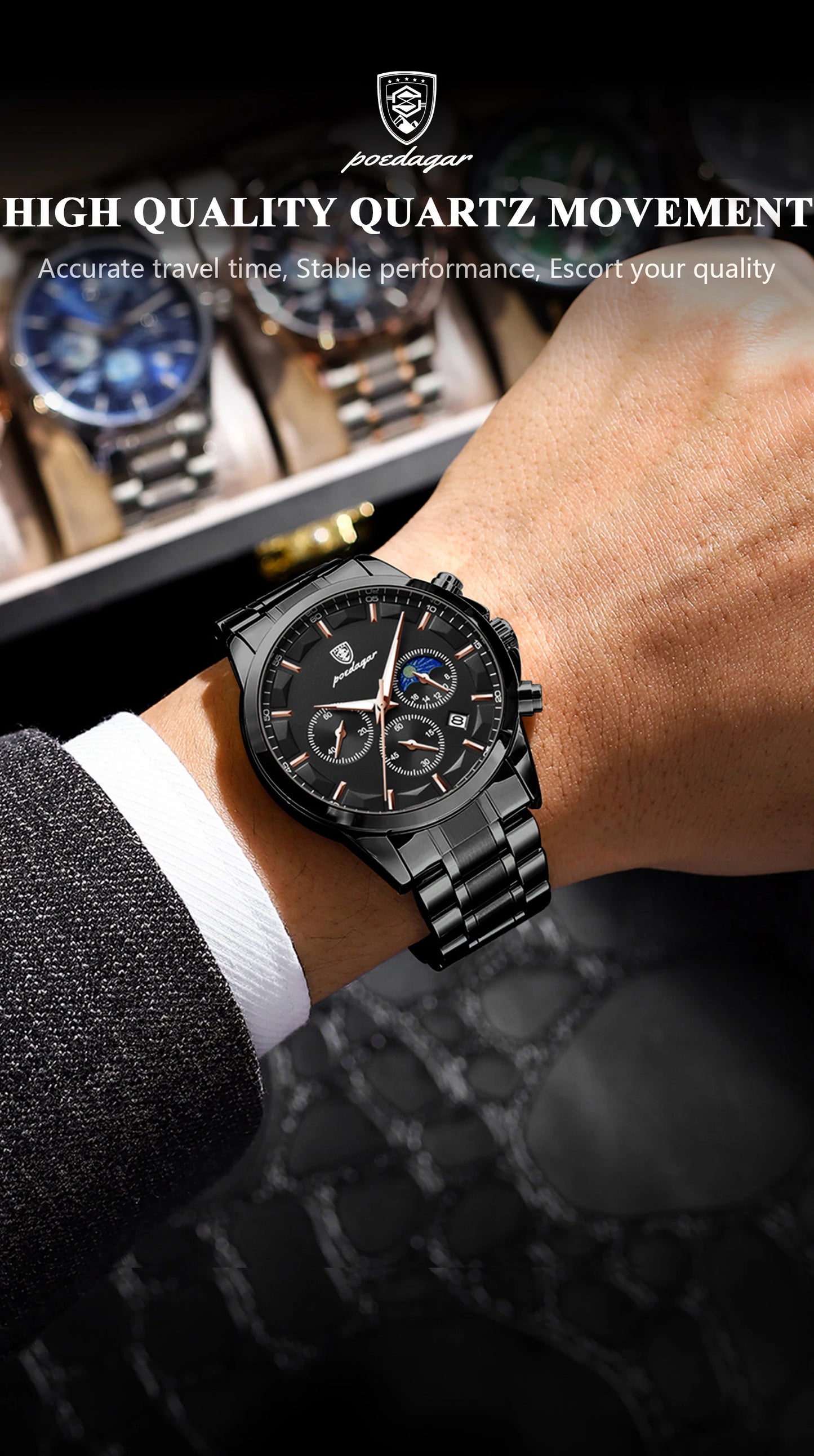 POEDAGAR 928 Men's Luxury Chronograph Watch | Luminous & Waterproof