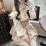 2025 Japanese Kawaii Short Skirt Sets Sweet Ruffles Off Shoulder Bow Shirt Gown Faldas Y2k Aesthetic Mini Skirts Lolita Full Set
