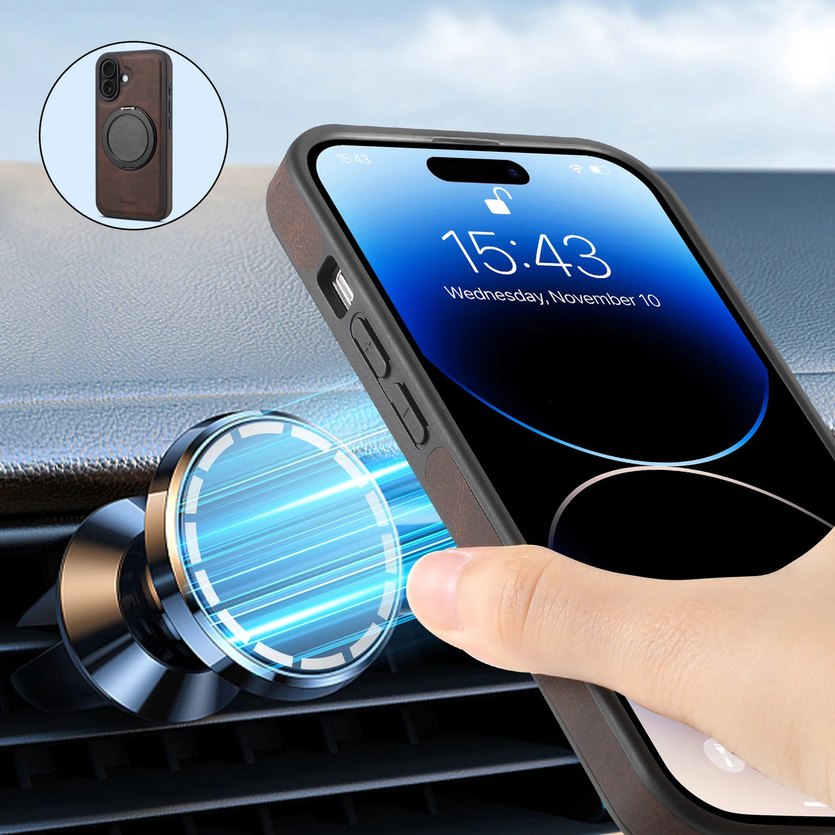 iPhone Faux Leather Case with 360° Ring Stand