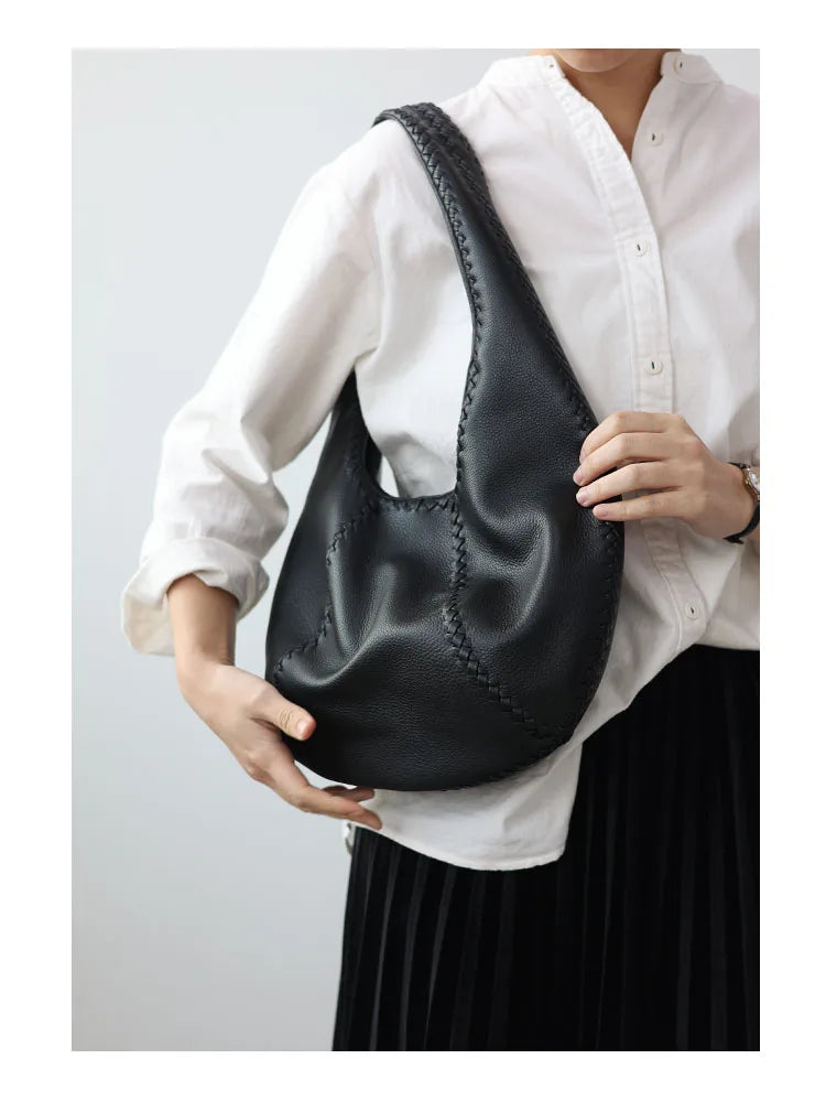 JAZZQ Soft Cowhide Leather Hobo Tote | Hand-Woven Detail