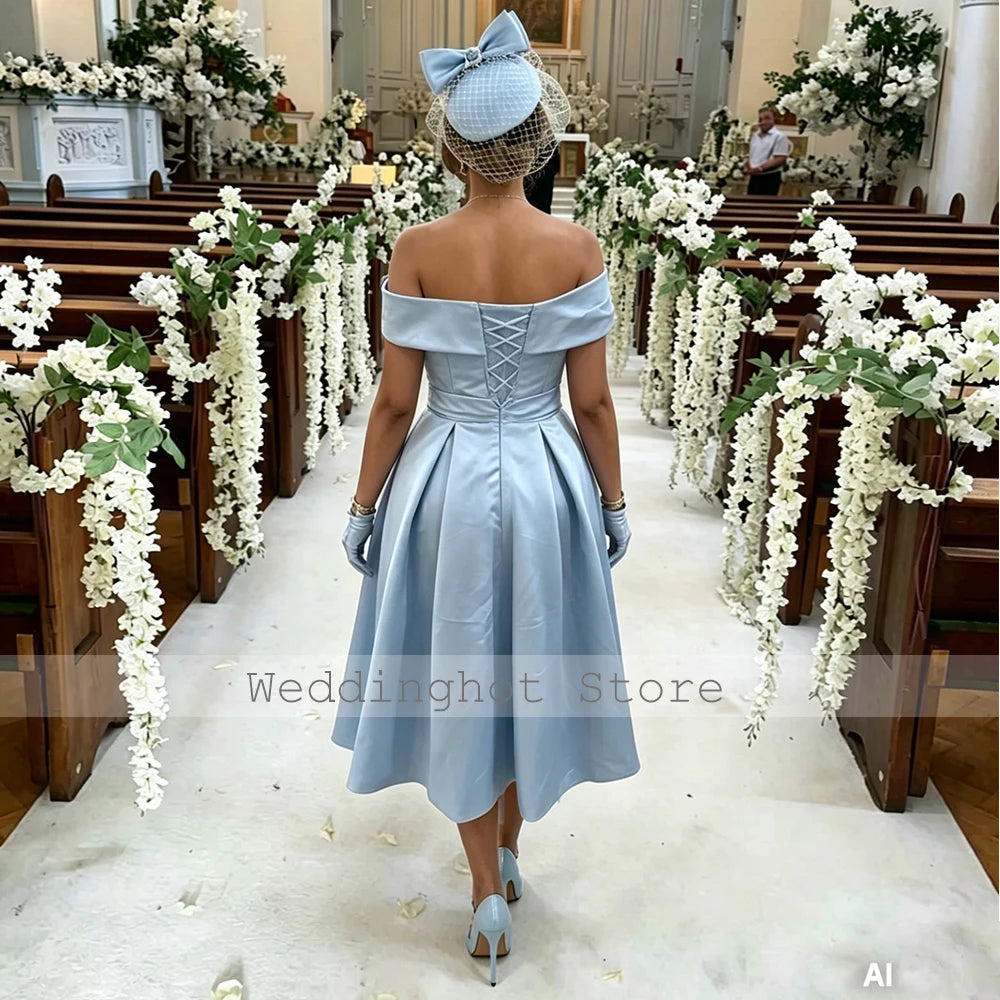 Customized Sky Blue Cocktail Dresses for Wedding Off the Shoulder Column Formal Party Gown Knee Length Satin Evening Dress Short
