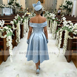 Customized Sky Blue Cocktail Dresses for Wedding Off the Shoulder Column Formal Party Gown Knee Length Satin Evening Dress Short