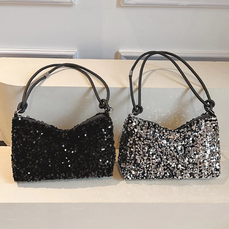 Daily Trendy V-neck Sequins Mini Underarm Bag Soft Lining, Simple Party Handbag for Women Street Matching Night Events