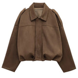HXAO Women's Bomber Jacket Lapel Long Sleeve Zipper Suede Jacket Women 2025 High Street Cropped Racing Jackets Coats Outerwears