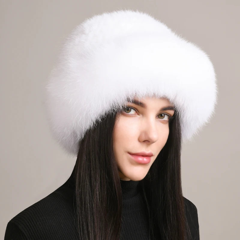 Genuine Knitted Mink Fur Hat with Fox Fur Brim