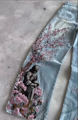 American Fashion Cherry Blossom Knight Embroidered Y2K Jeans
