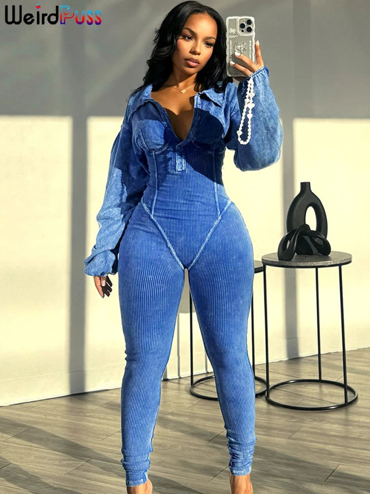 Ribbed Distressed V-Neck Jumpsuit