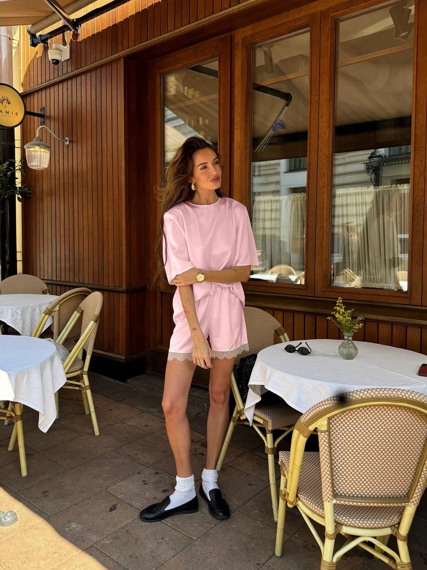 Hirsionsan Loose Sets Women Two Pieces Short Tops & Lace Patchwork Shorts Elegant Female High Quality Outfits Soft Tracksuit
