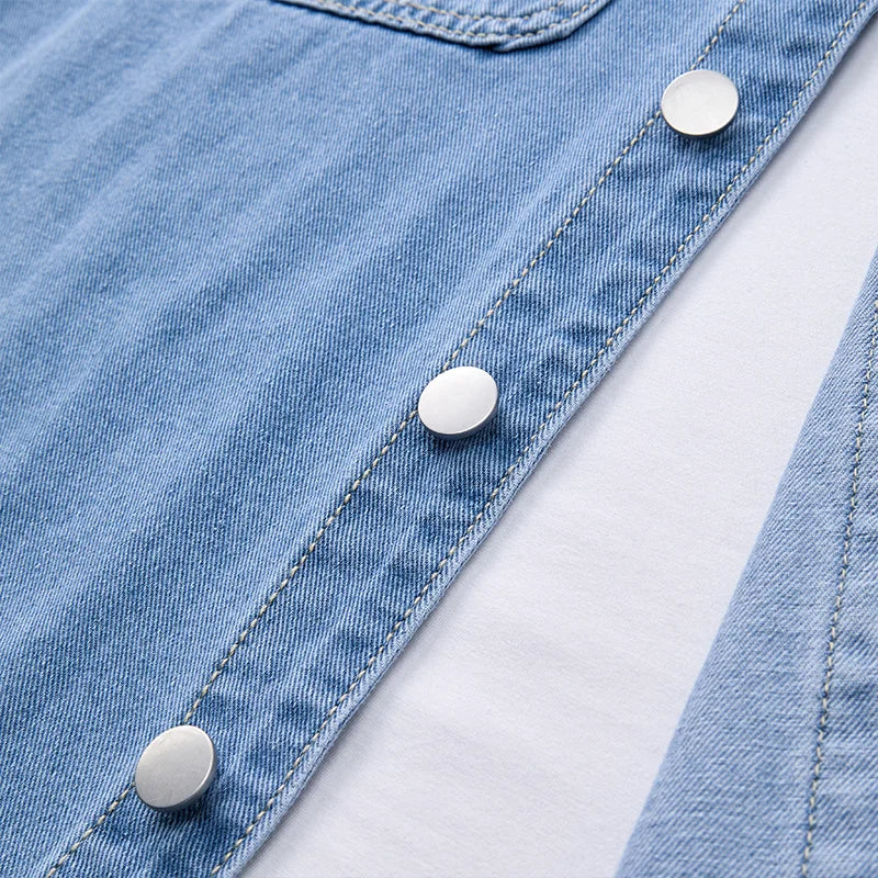 Heavy duty washed denim jacket for men vintage blue lapel long sleeved shirt style jacket casual and loose outer wear
