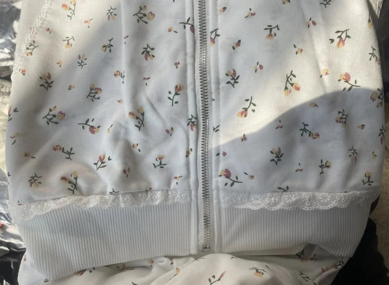Women's Cat & Floral Print Zip-Up Hoodie
