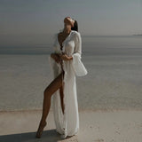 Womens V-Neck Ruffled Chiffon Beach Tunic - Long Sleeve Sunscreen Cover-Up Dress