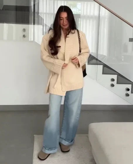 Chic V-neck Knitted Lace-up Women Cardigan Elegant Solid Full Sleeve Loose Cropped Sweater 2026 Lady Commute Office Cardigans
